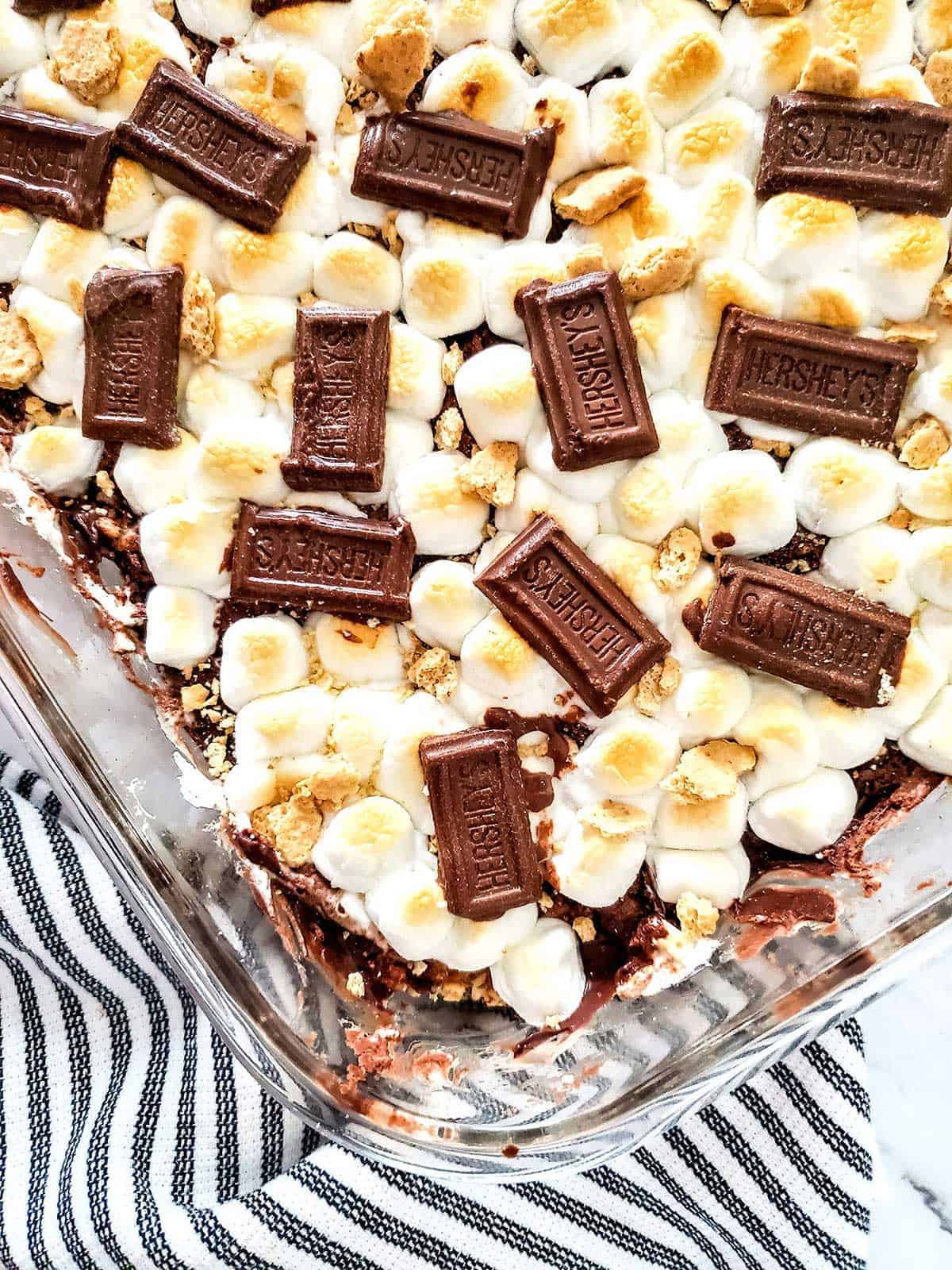 Overhead of rice krispie treats in baking dish.