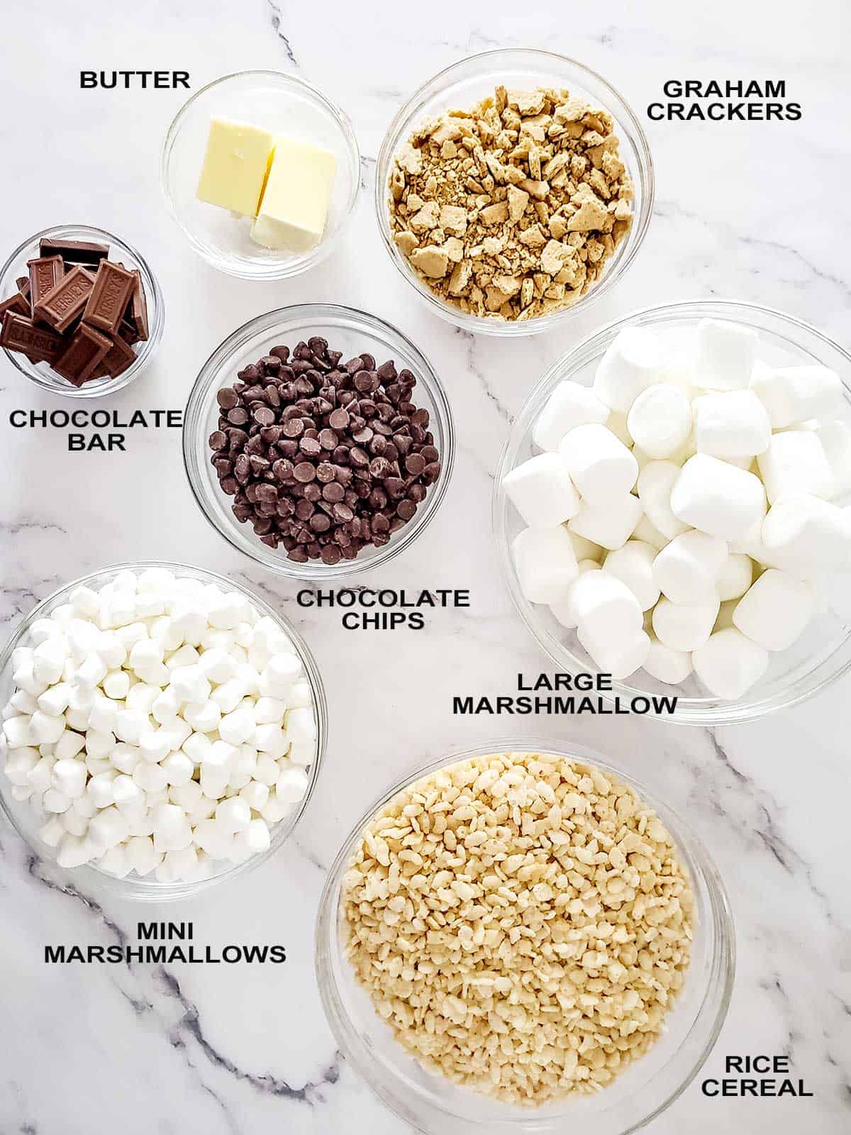 Labeled ingredients for s'mores rice krispies.