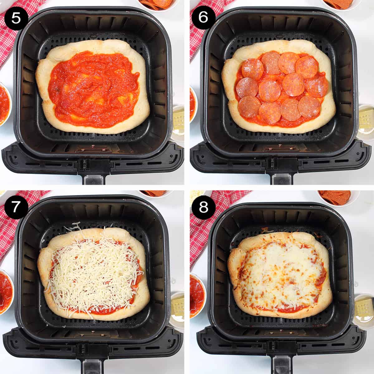 Steps to add toppings to pizza crust.