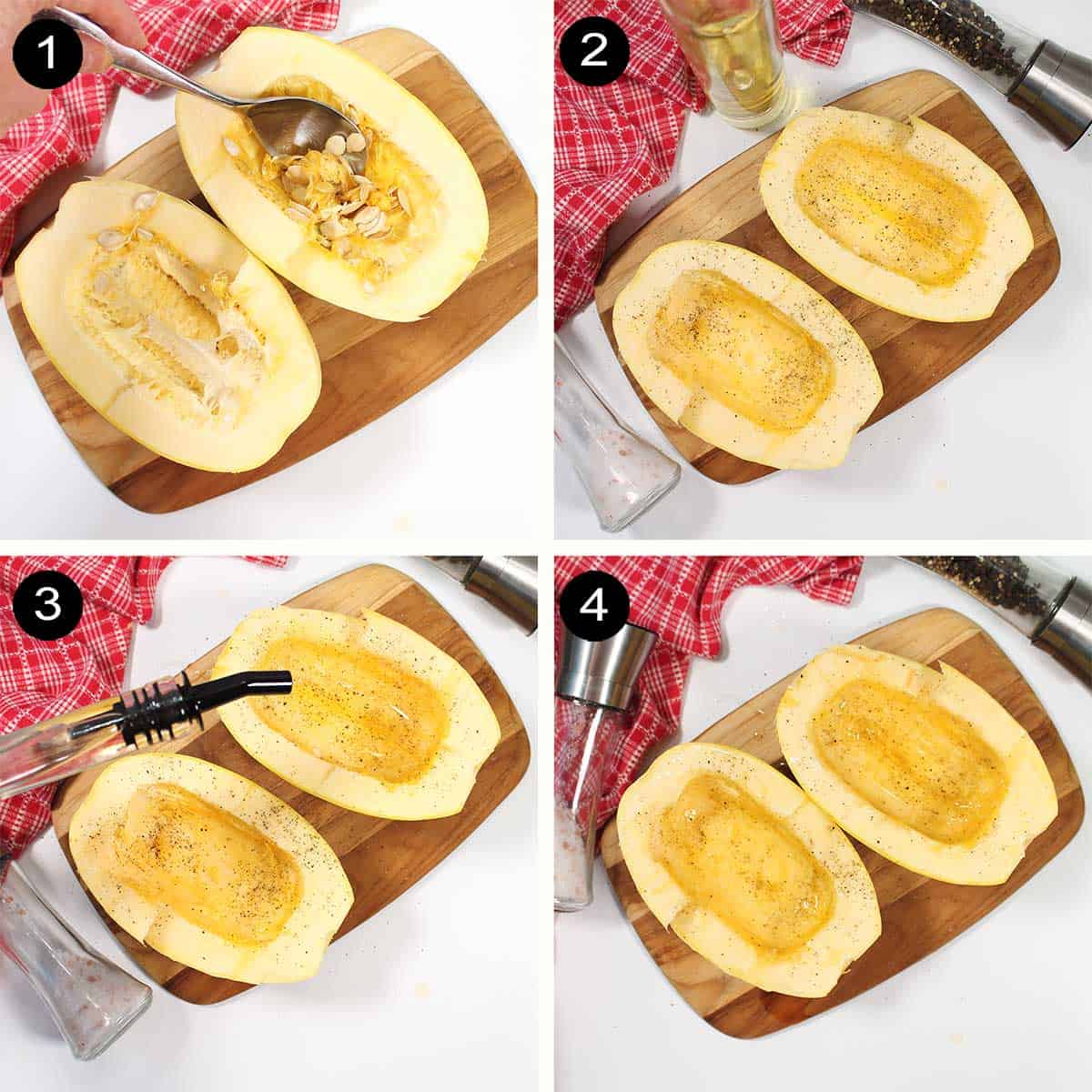 Steps 1-4 to prepare spaghetti squash in the air fryer.