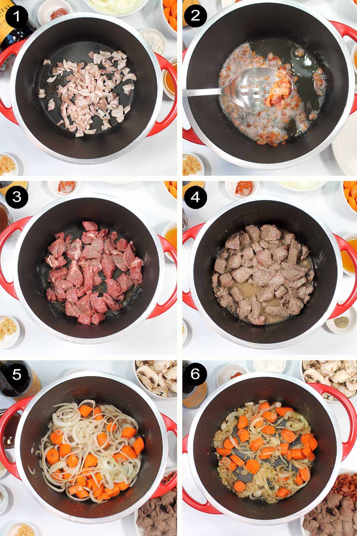Steps 1-6 to prepare vegetables and meat for stew.