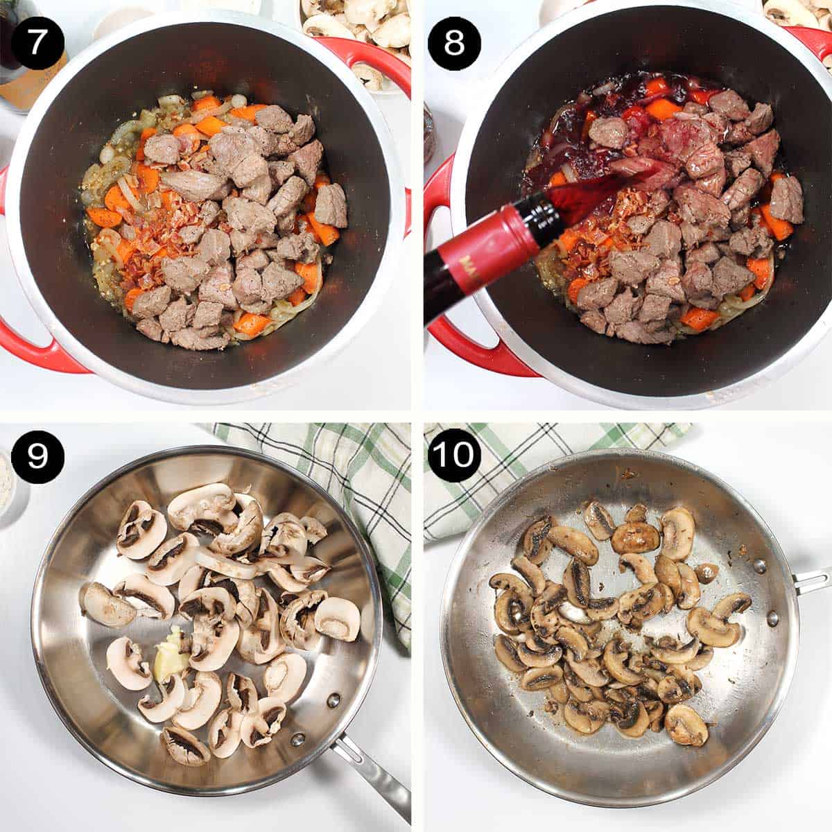 Steps 7-10 adding liquids and sauteing mushrooms.