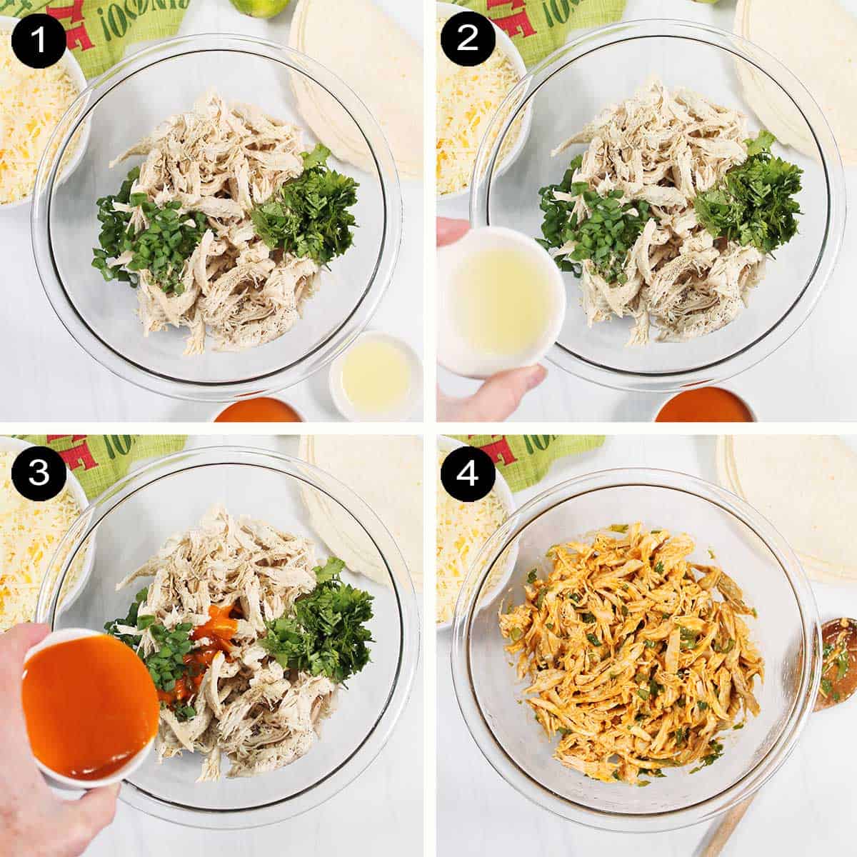 Buffalo chicken filling steps.