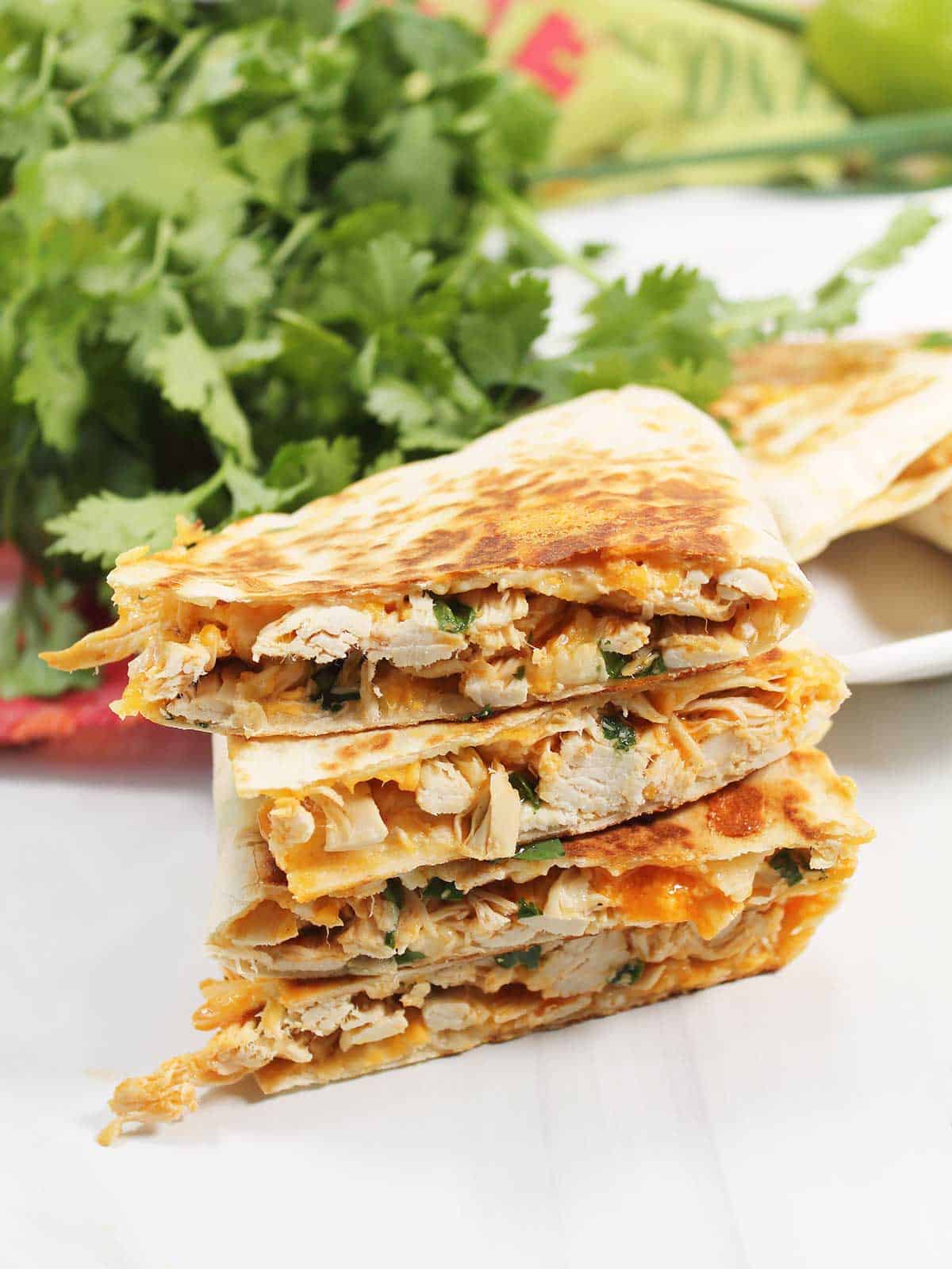 A stack of buffalo chicken quesadillas.