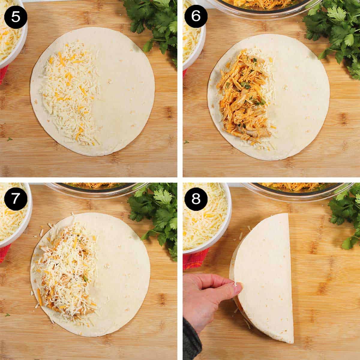 Assembling buffalo chicken quesadillas steps.