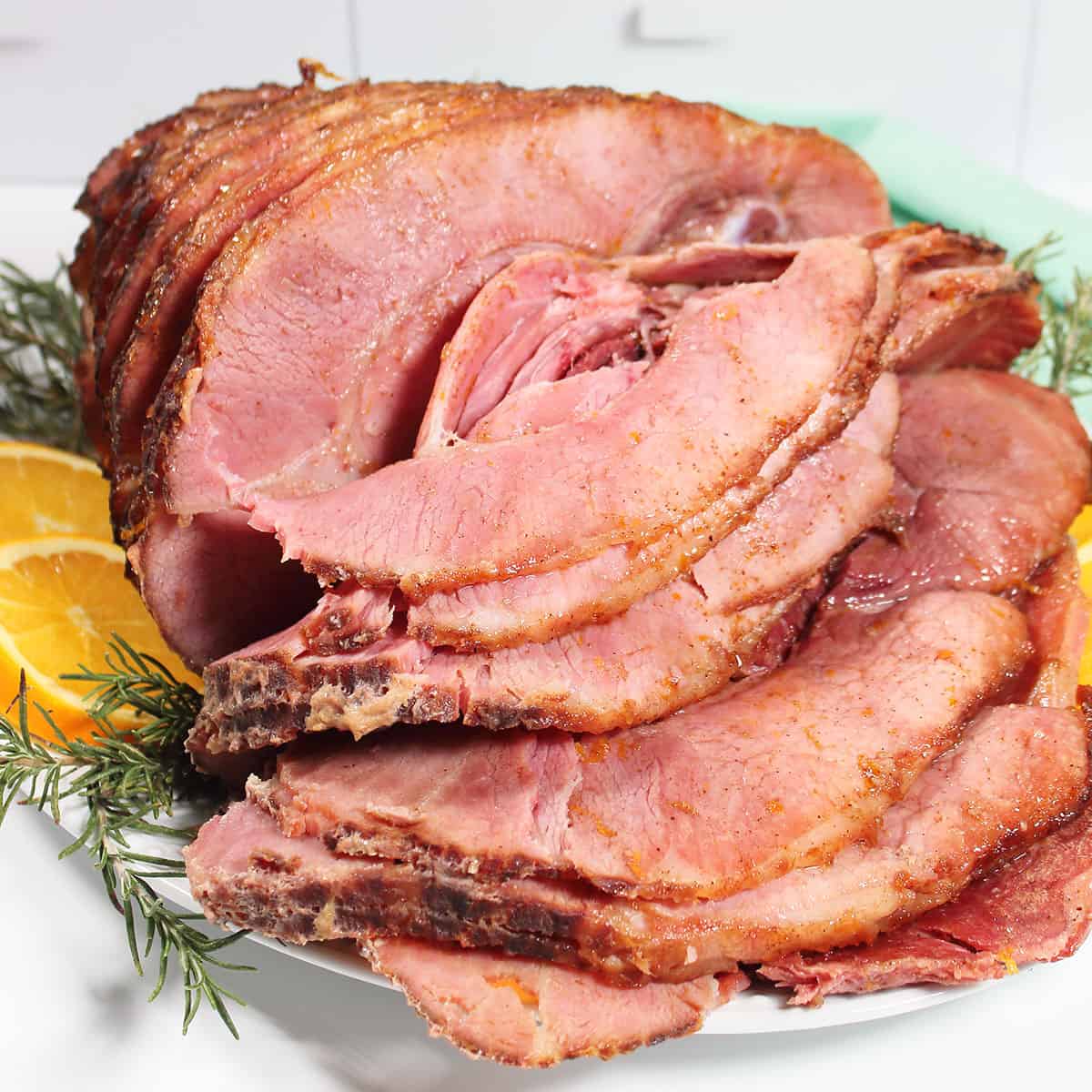 Closeup of spiral ham with maple glaze.