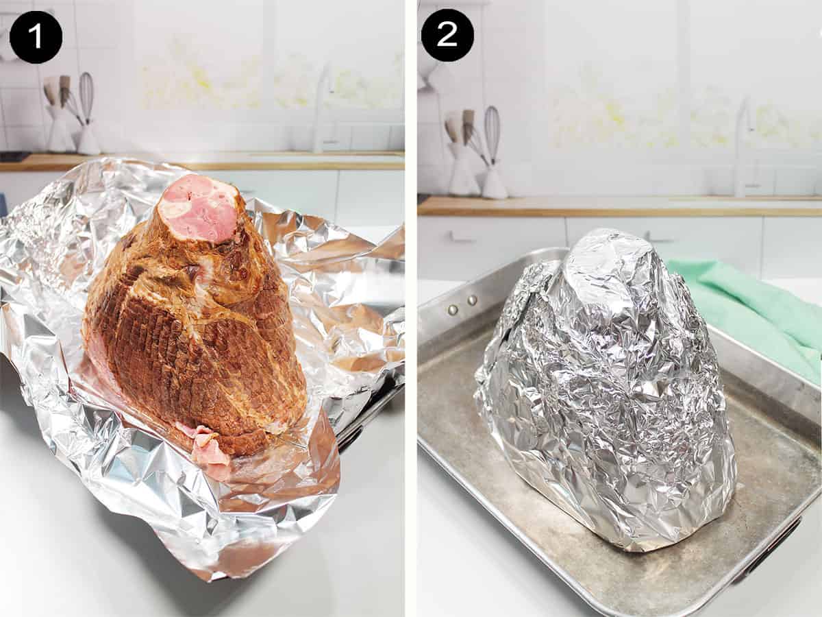 Steps 1-2 to prepare ham for oven.