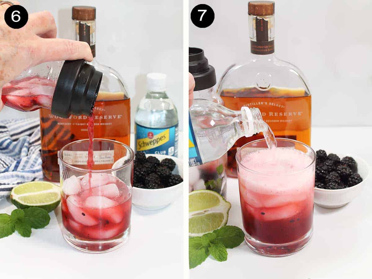 Pouring blackberry bourbon smash into glass and topping with club soda.