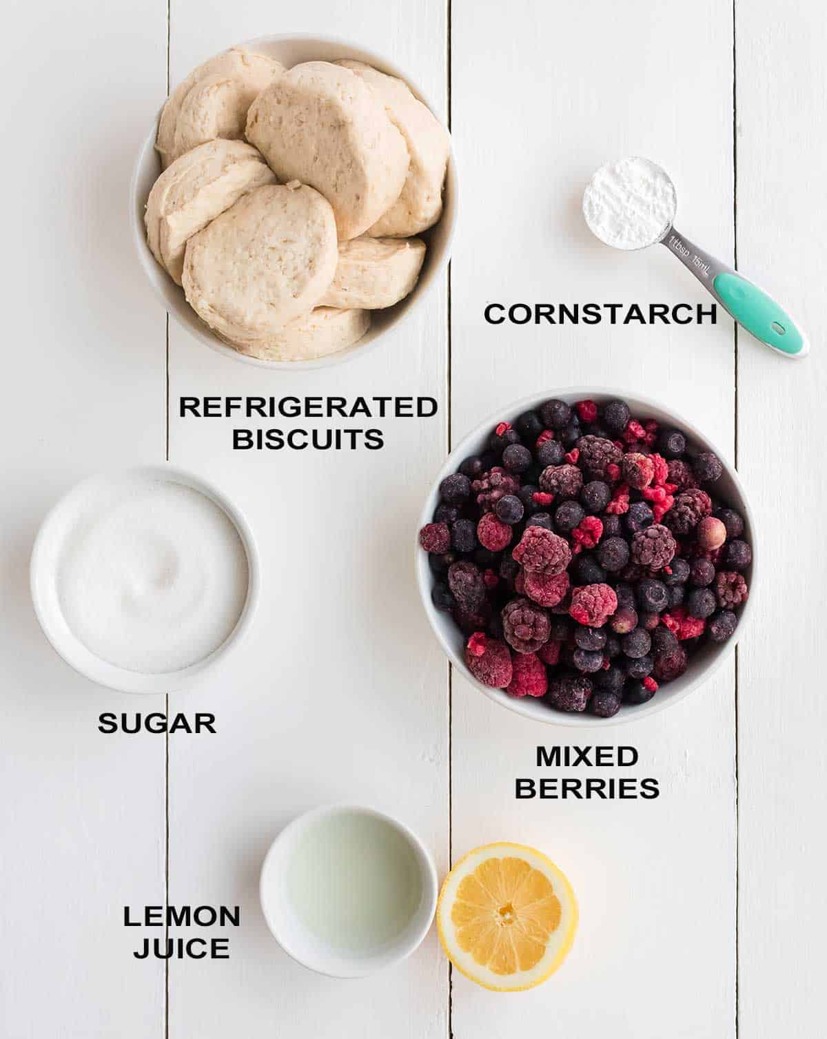 Ingredients for berry cobbler recipe.