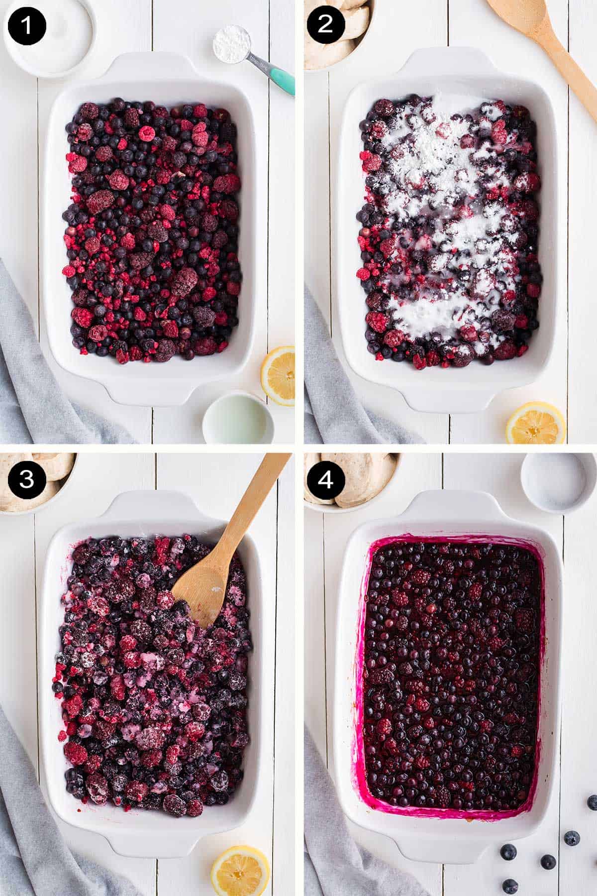 Steps to make triple berry cobbler recipe.