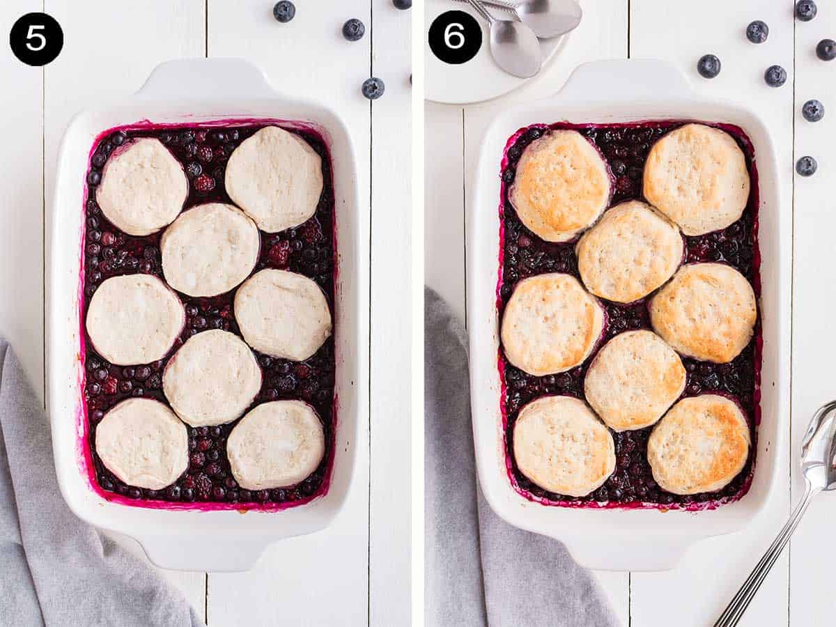 Unbaked and baked fruit cobbler.