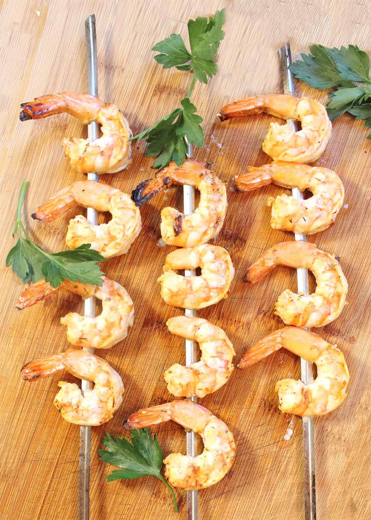 Spicy Grilled Shrimp on skewers ready to eat.