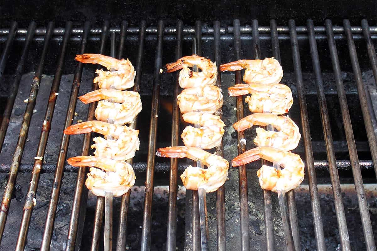 Shrimp skewers on the grill.