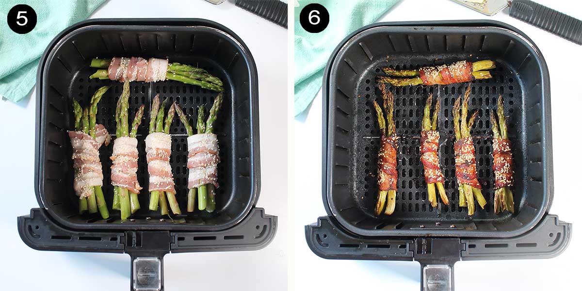 Asparagus in air fryer before and after frying.