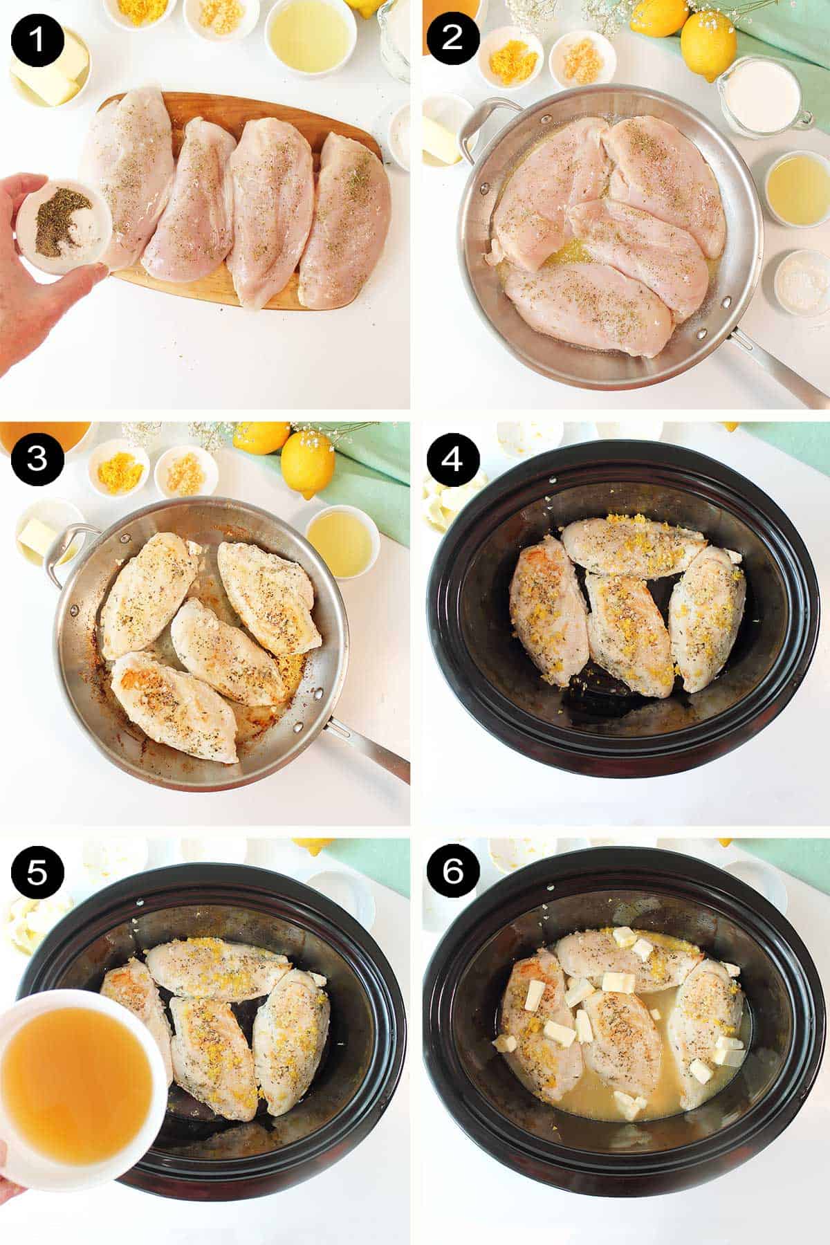Prep steps 1-6 for slow cooker lemon chicken.