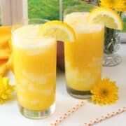 Closeup of lemonade in glasses.