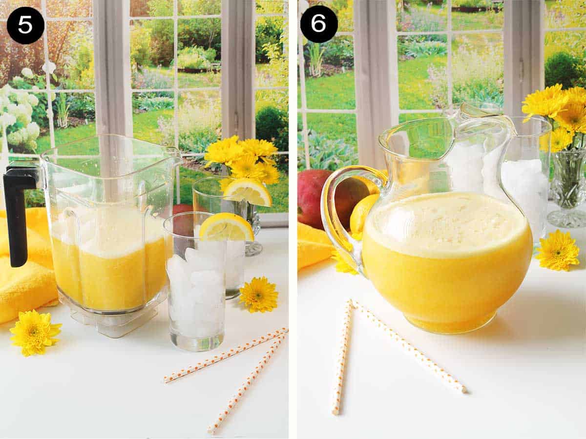 Finishing drink in blender and pouring into pitcher.