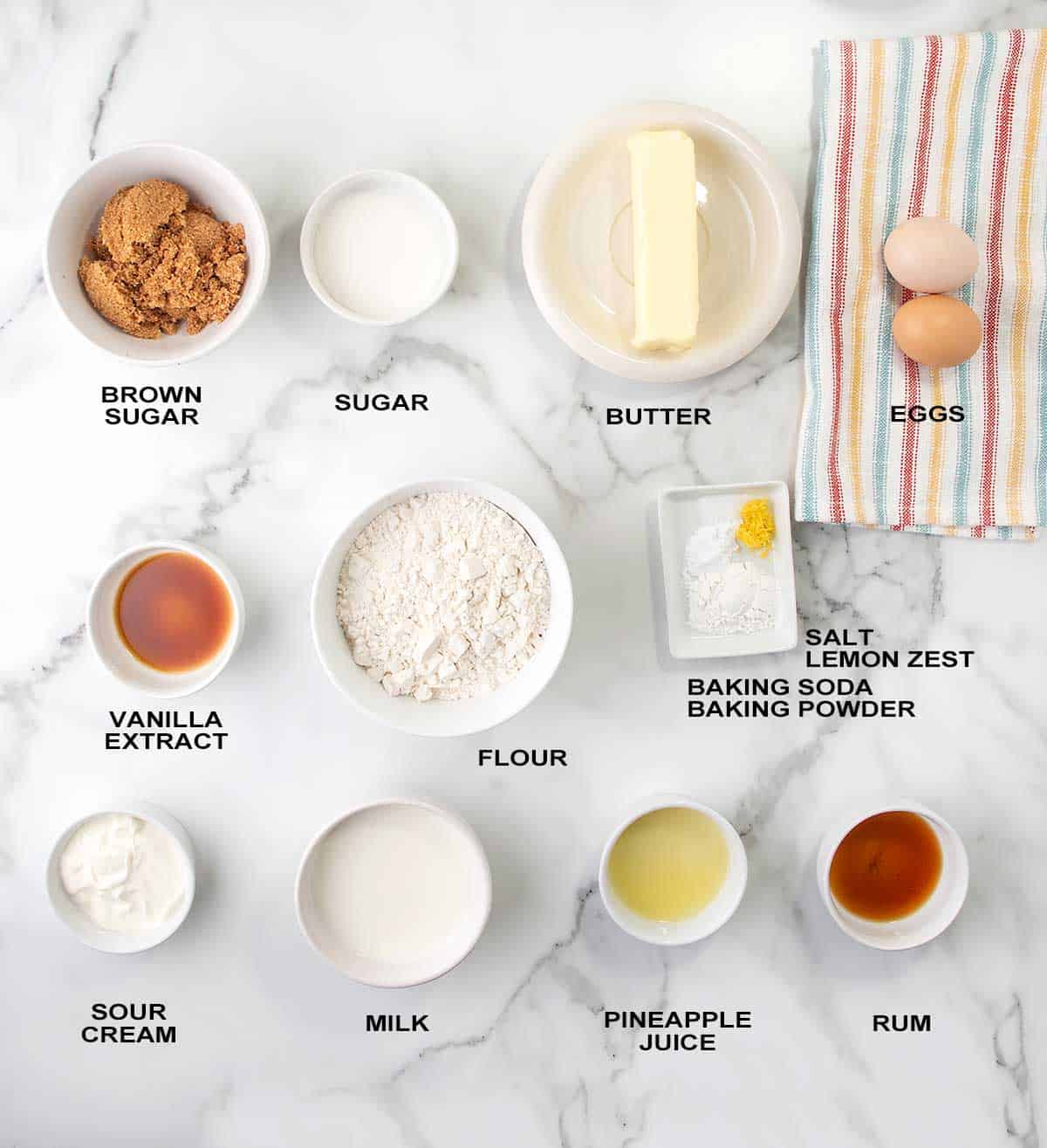 Ingredients for pineapple rum cake.