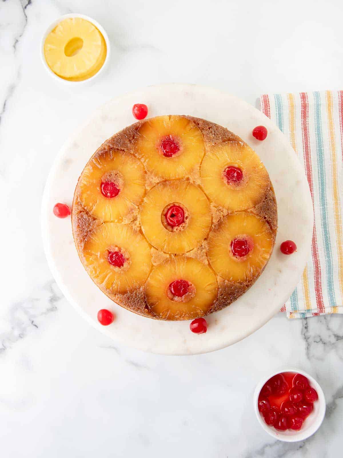 Overhead of pineapple upside down cake.