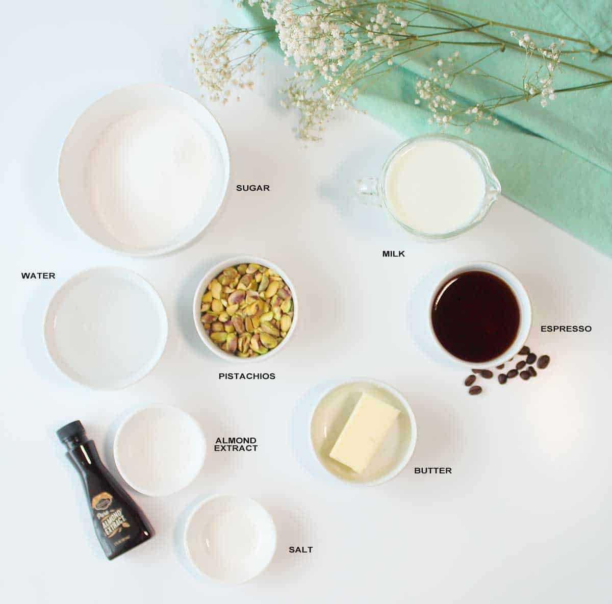 Ingredients for a pistachio latte.