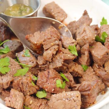 Air Fryer Steak Tips on spoon.