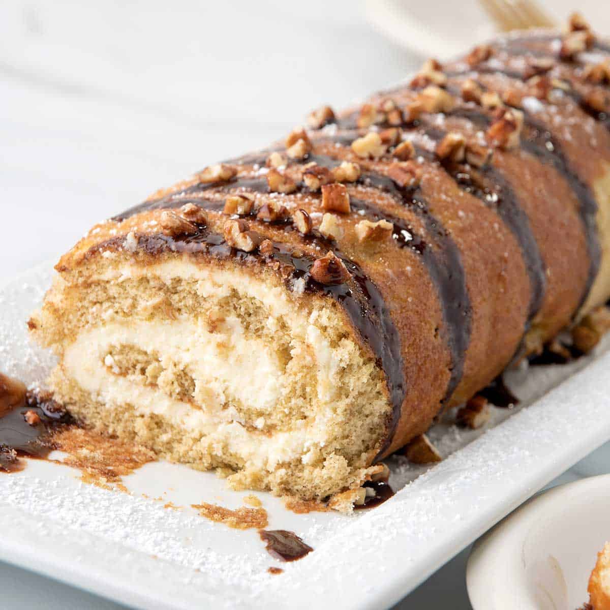 Closeup of banana roll on platter.