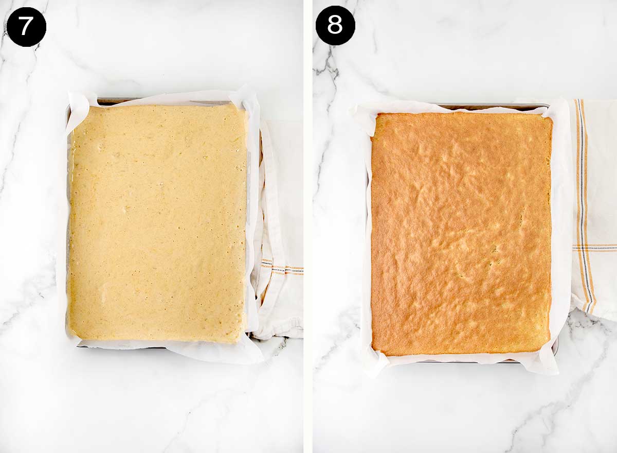 Unbaked and baked cake.