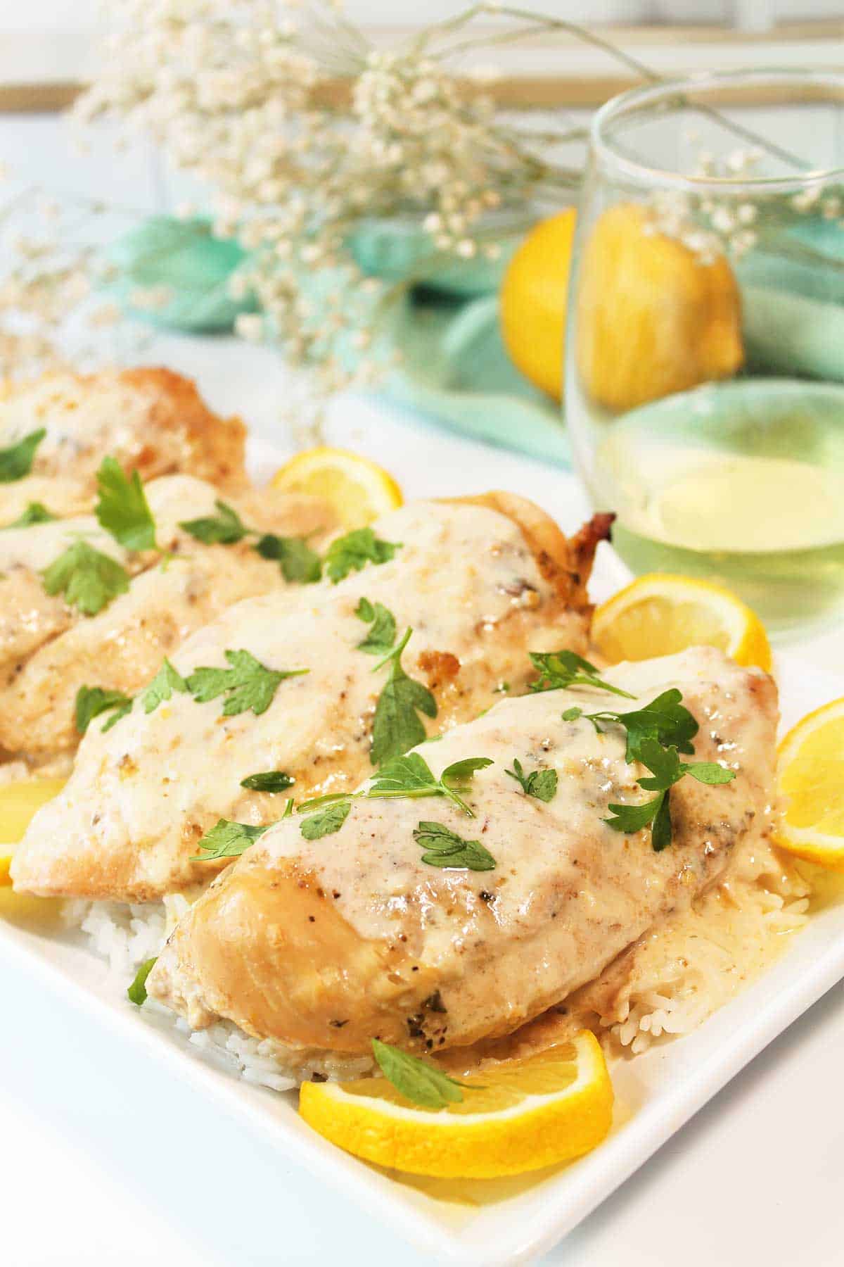 Closeup of creamy chicken on platter.