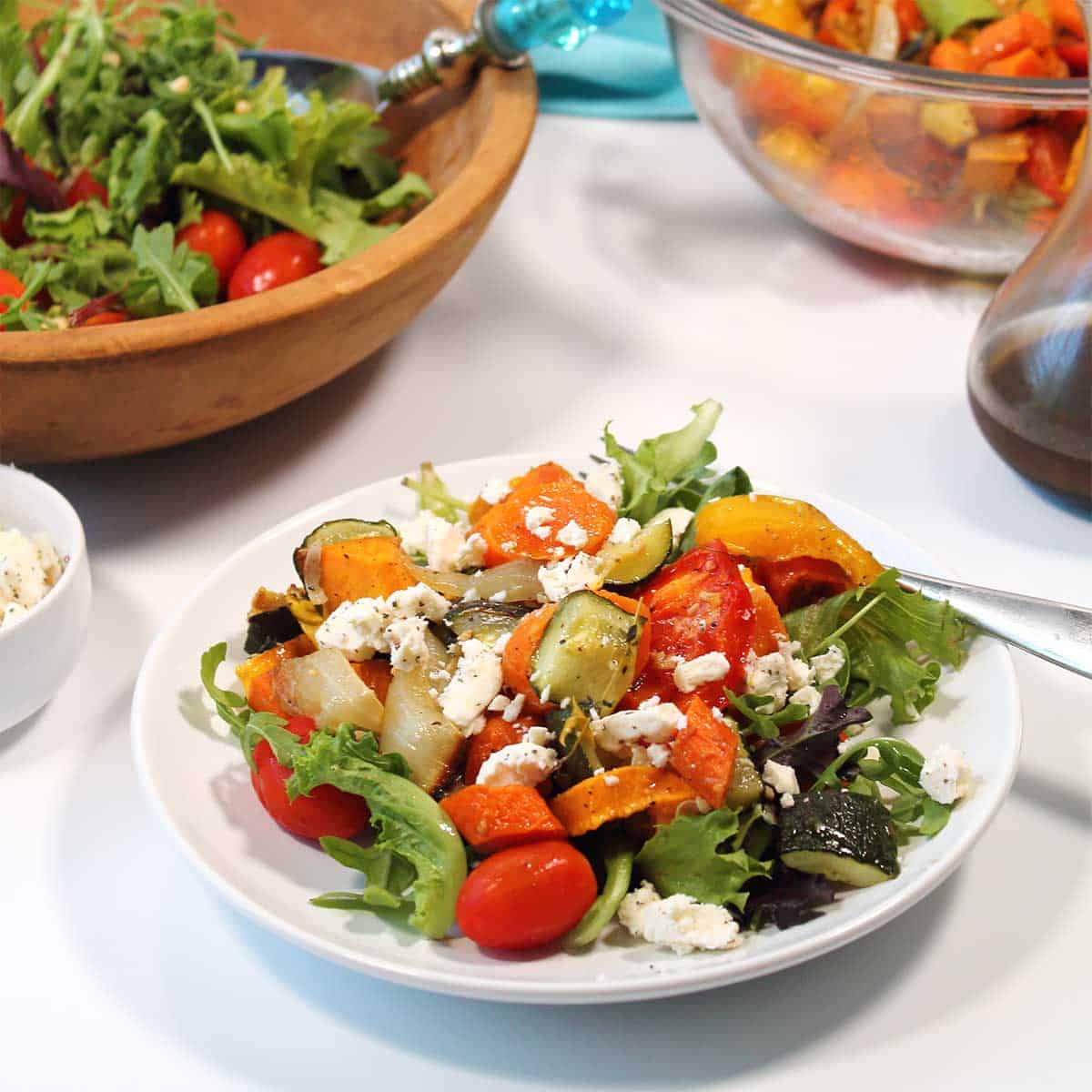 Plated roasted veggie salad.
