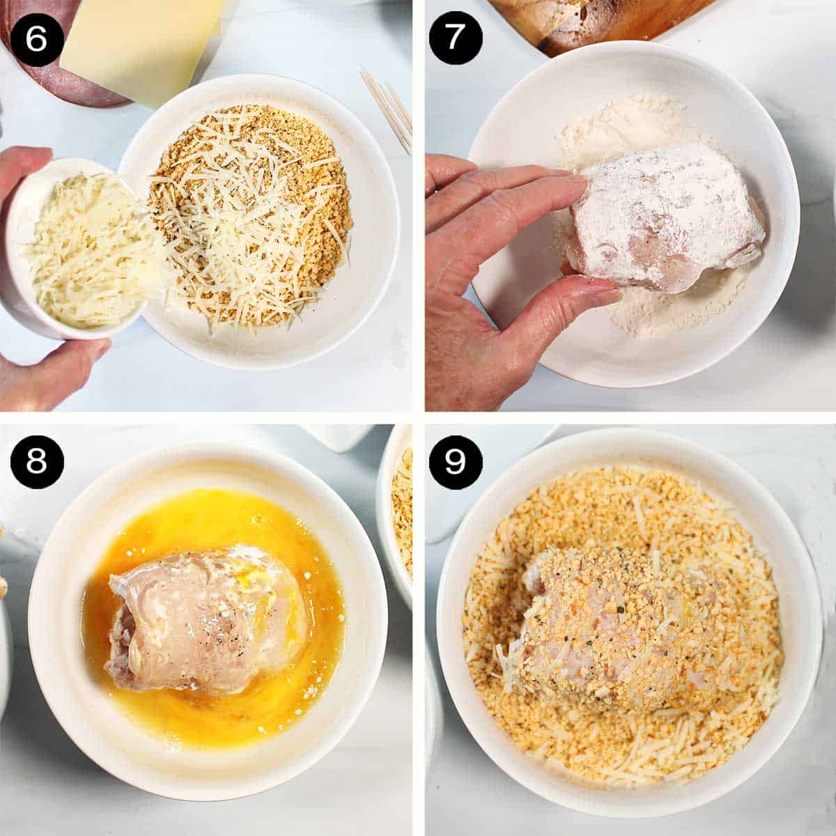 Preparing ham and cheese stuffed chicken breasts for air fryer.