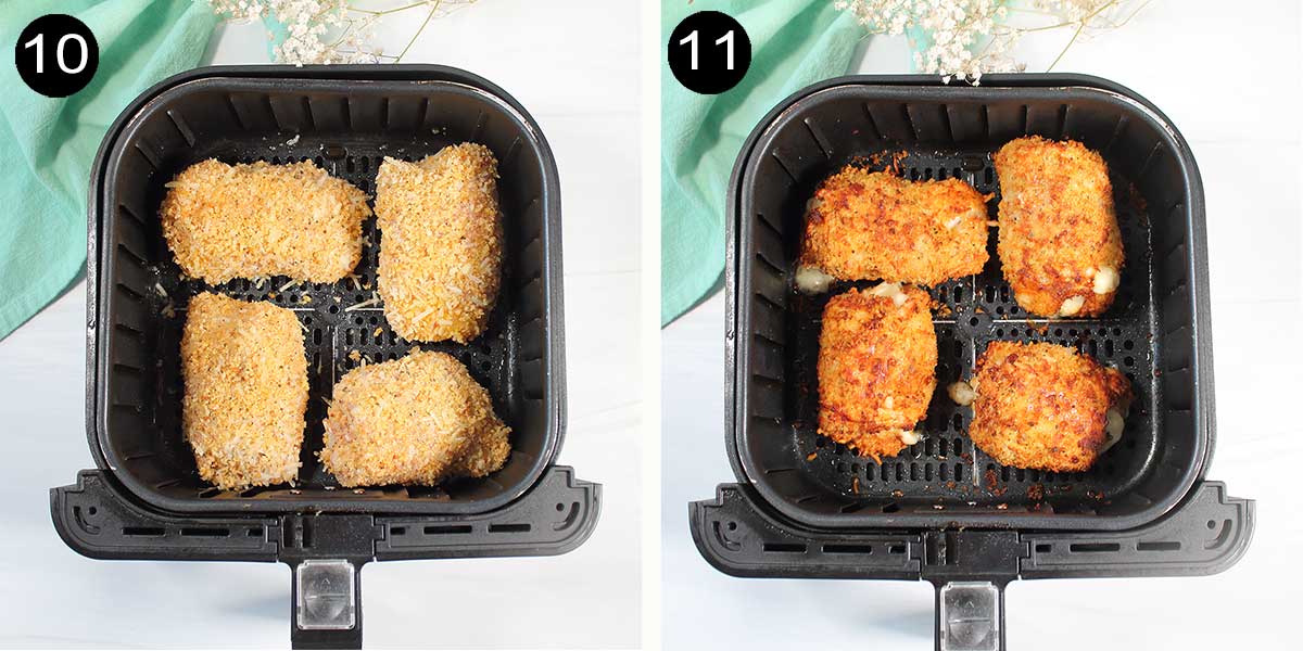 Air frying stuffed chicken breasts.