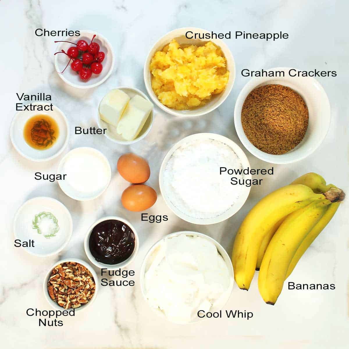 Ingredients for banana split cake recipe.