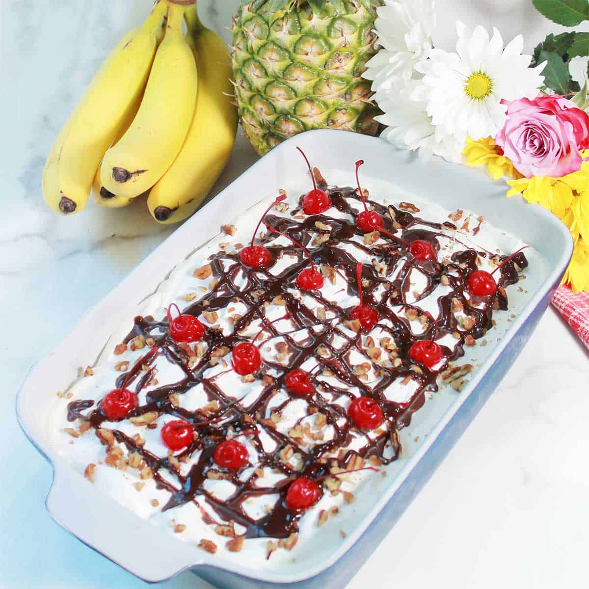 Overhead of finished no bake banana split cake.