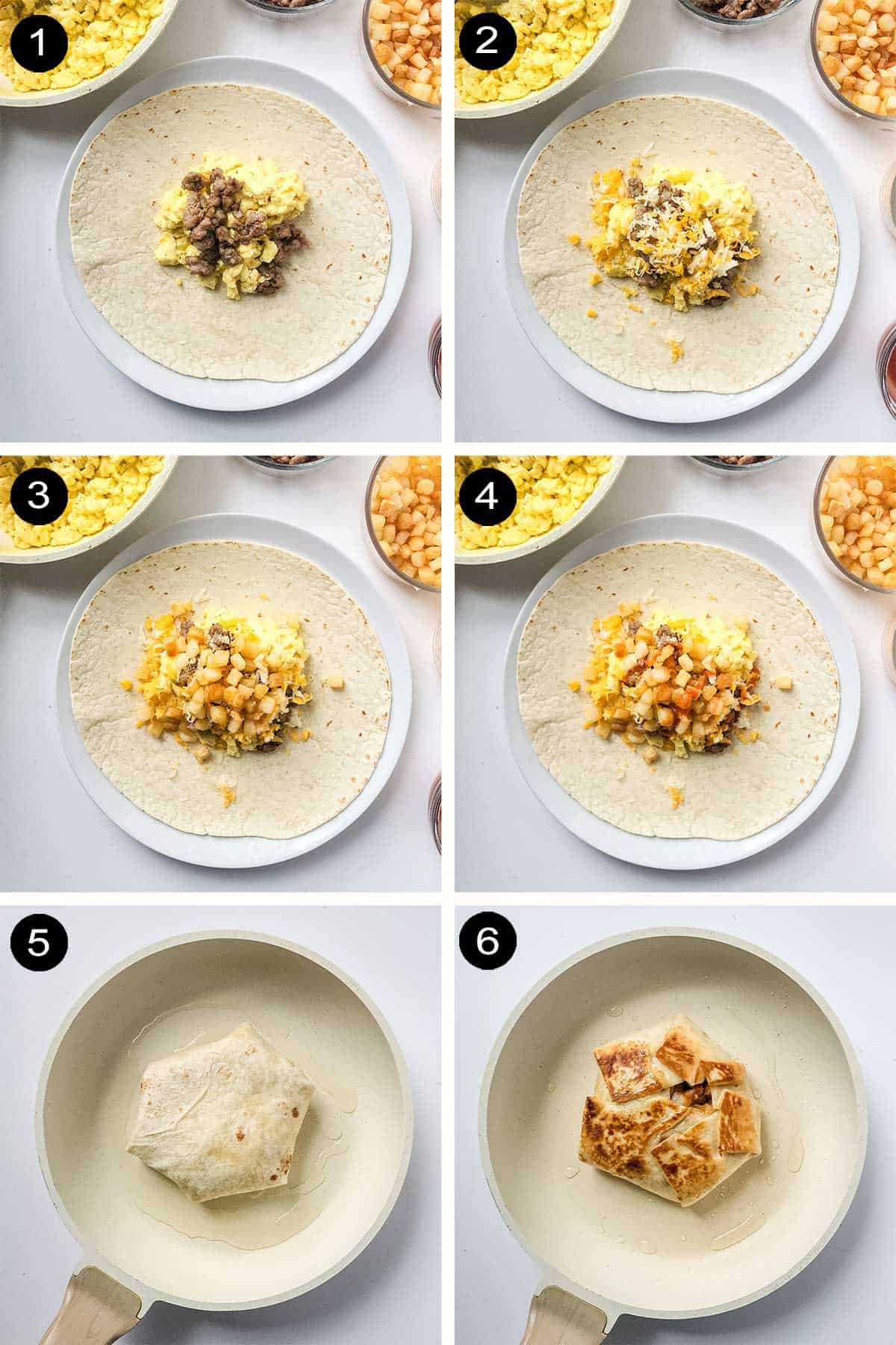 Steps to assemble breakfast wraps and frying.