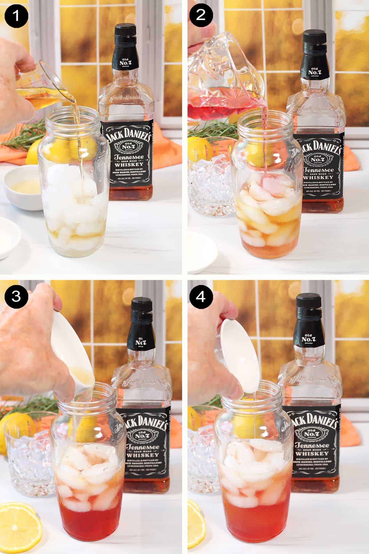 How to make a whiskey sour steps 1-4.