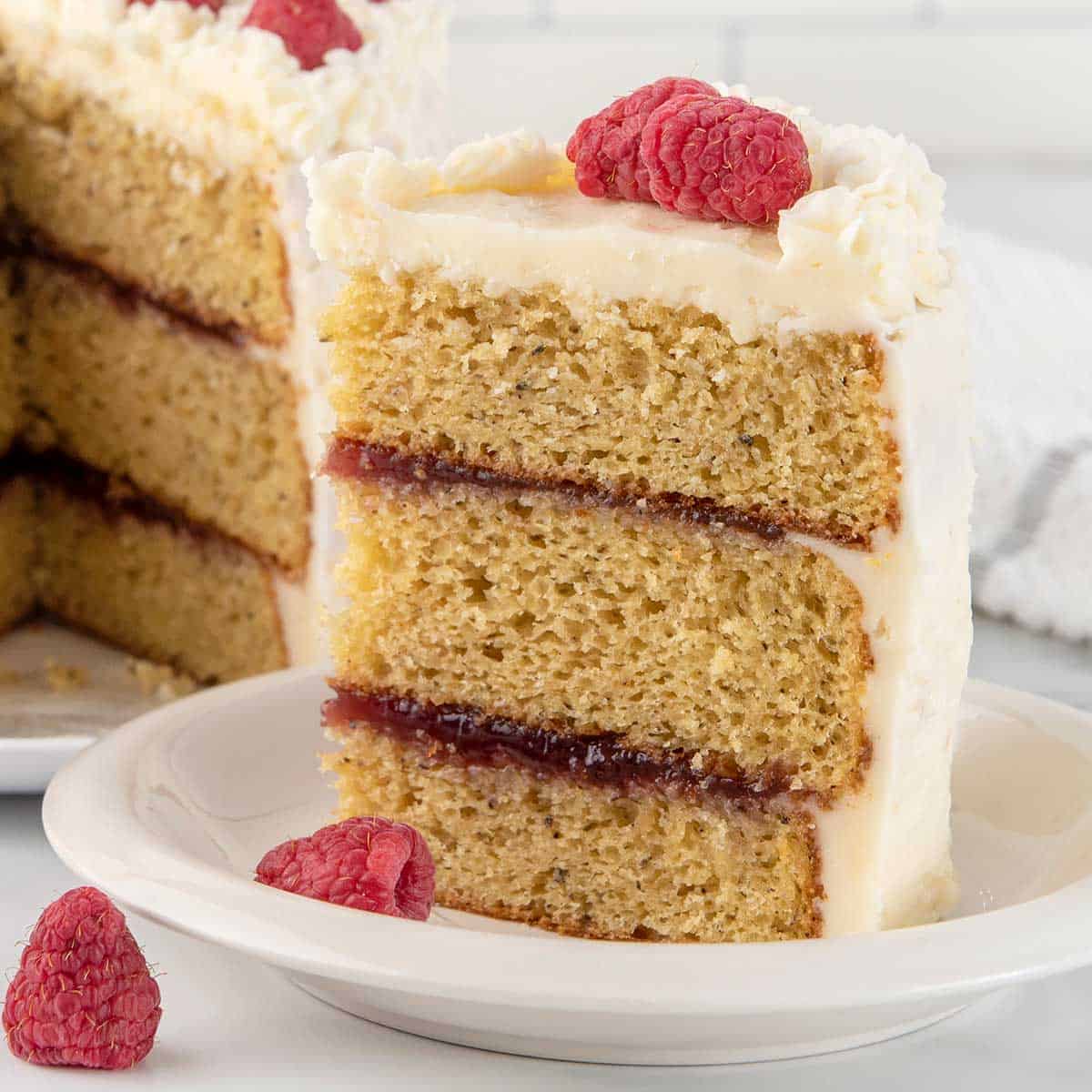 Closeup of slice of cake layered with raspberry jam.