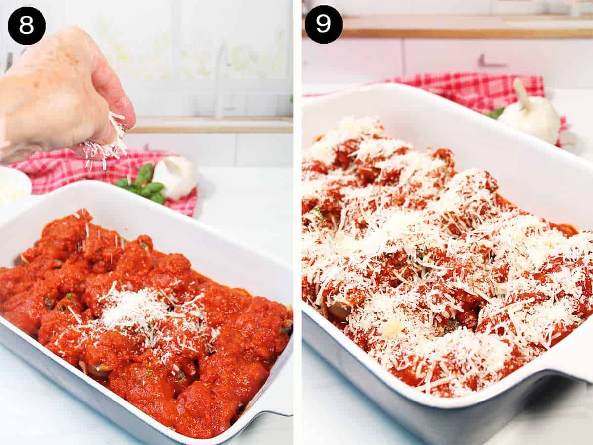 Sprinkling cheese on the casserole.