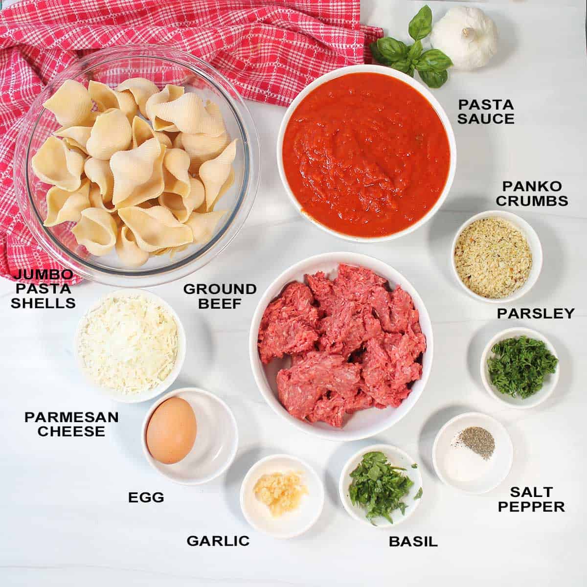 Ingredients for Stuffed Shells with meat.