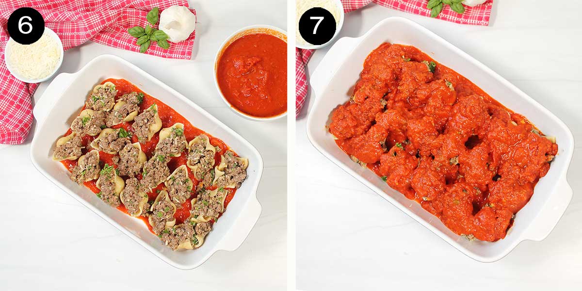Preparing the stuffed pasta shells casserole.