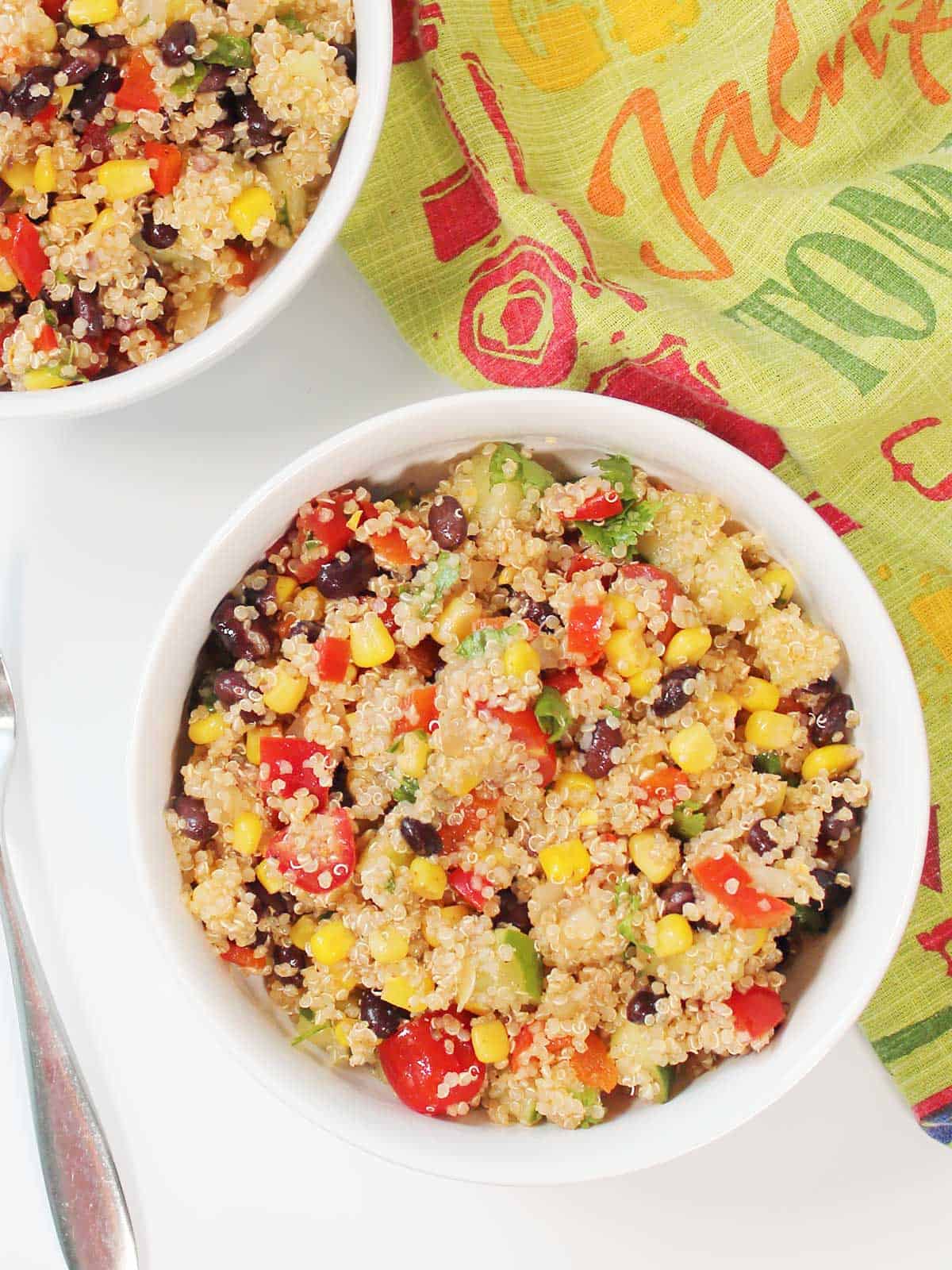 Black Bean Quinoa Salad in white bowl.