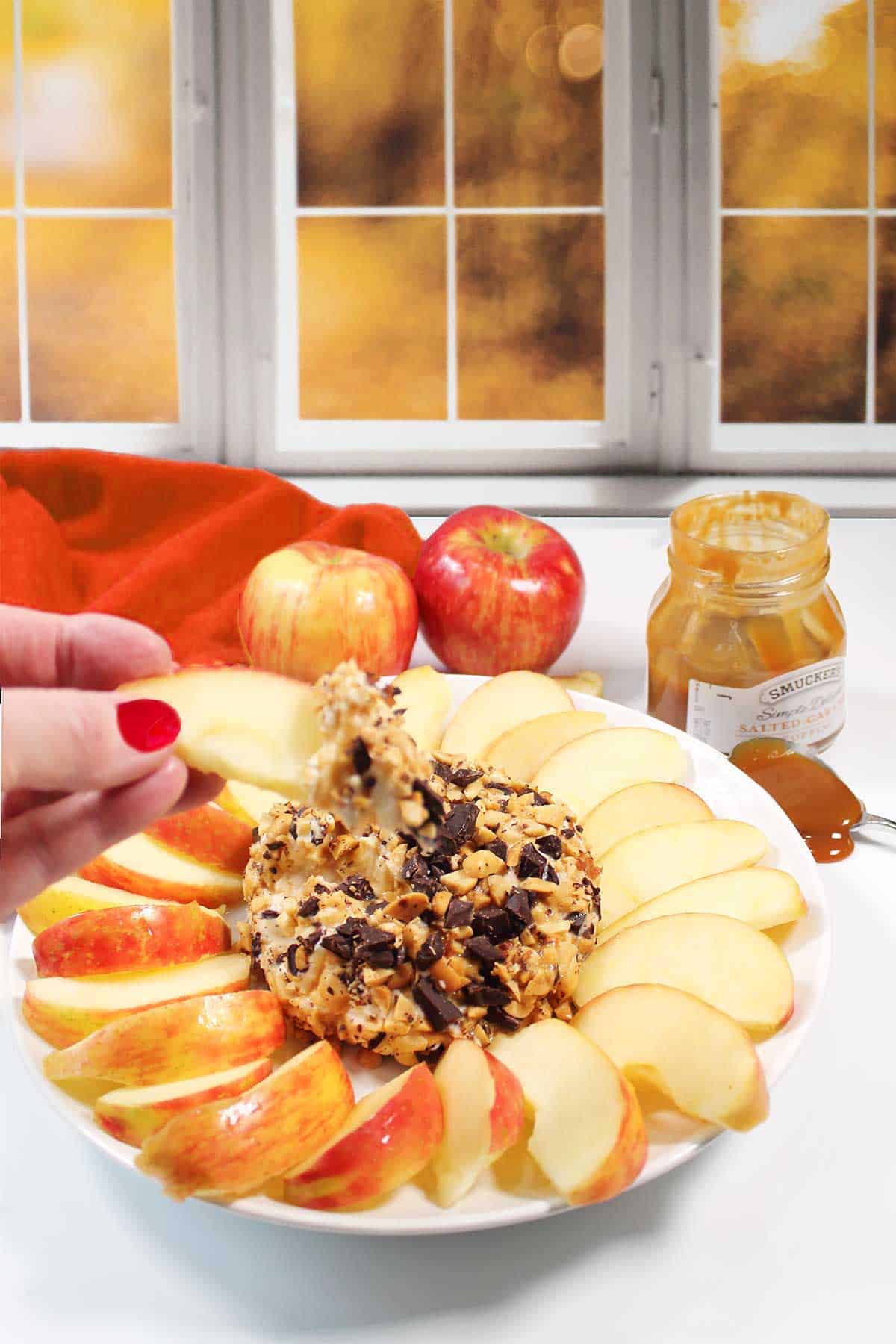 Dipping apple slice in caramel apple cream cheese cheeseball by fall window.