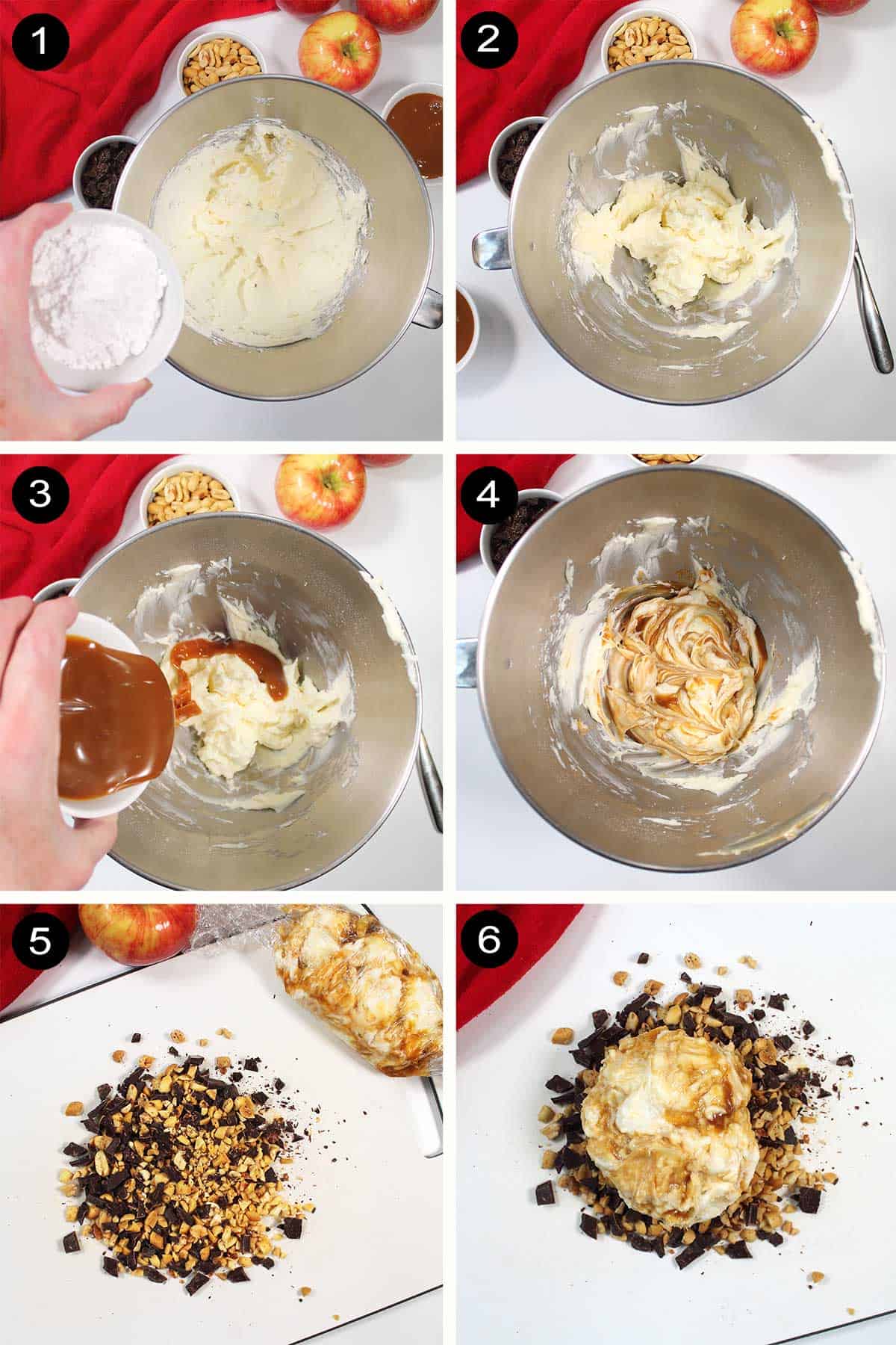 Prep steps to make caramel apple cheeseball.