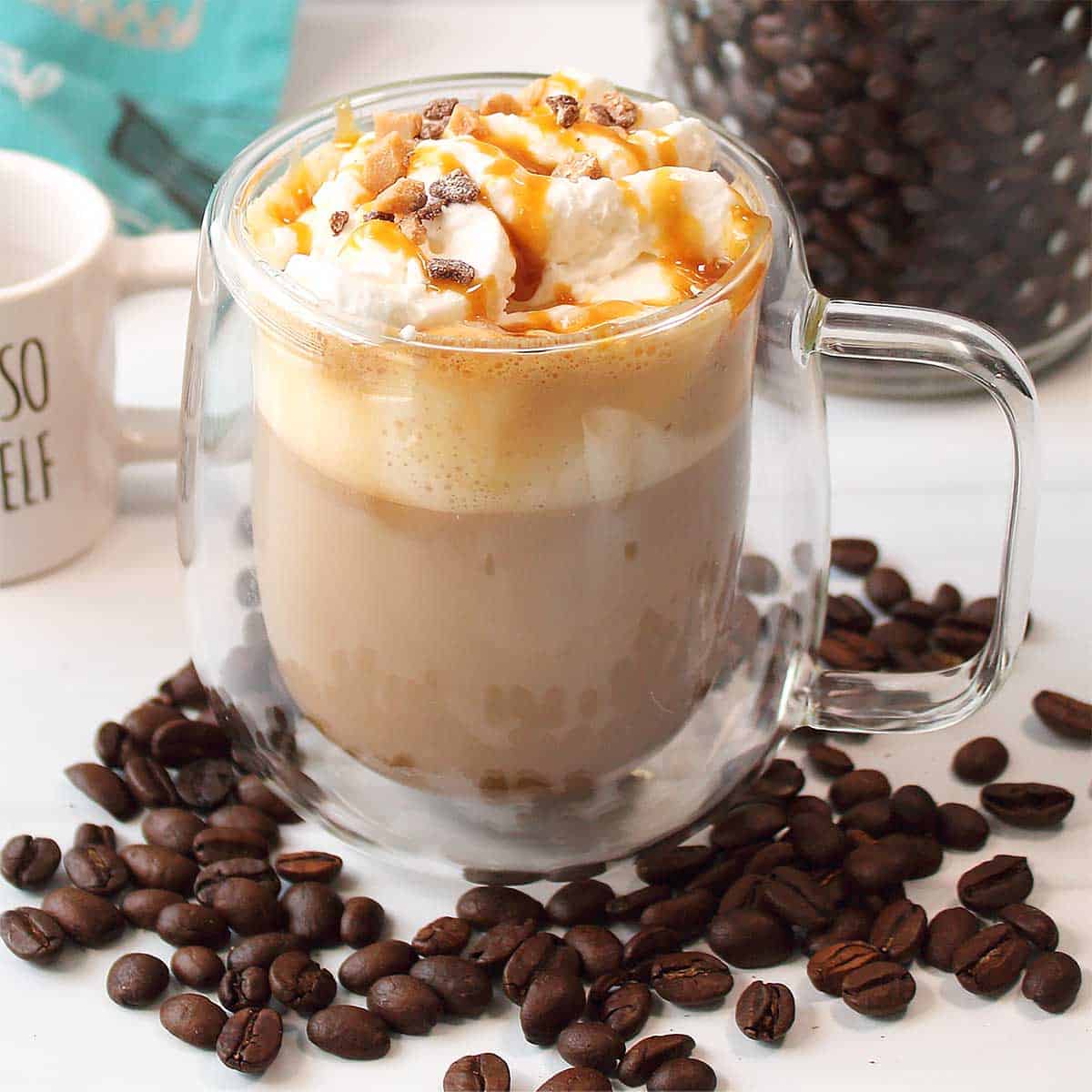 Closeup of Caramel Creme Brulee Latte.