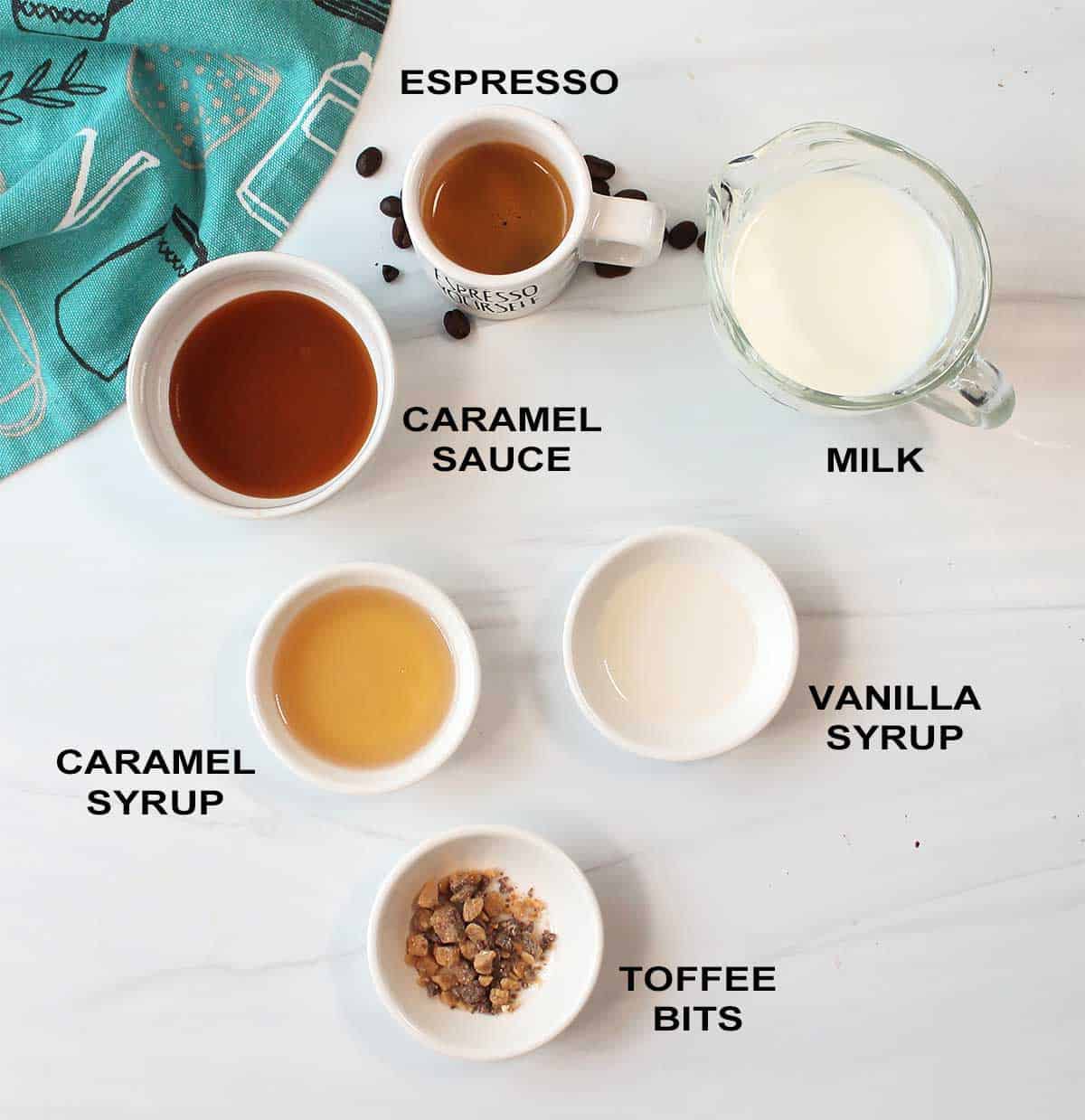 Caramel brulee latte ingredients.