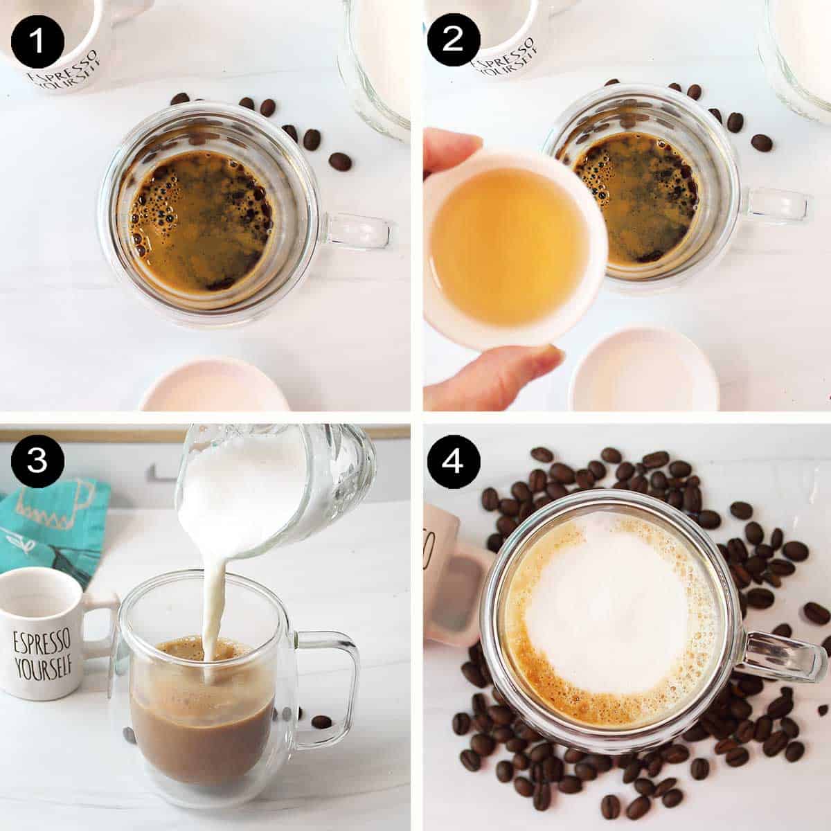 Prep steps to make caramel creme brulee latte.