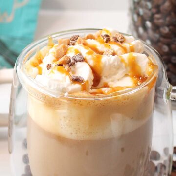 Closeup of caramel brulee latte toppings.