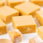 Closeup of cut fudge on table.