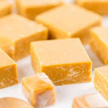 Closeup of cut fudge on table.