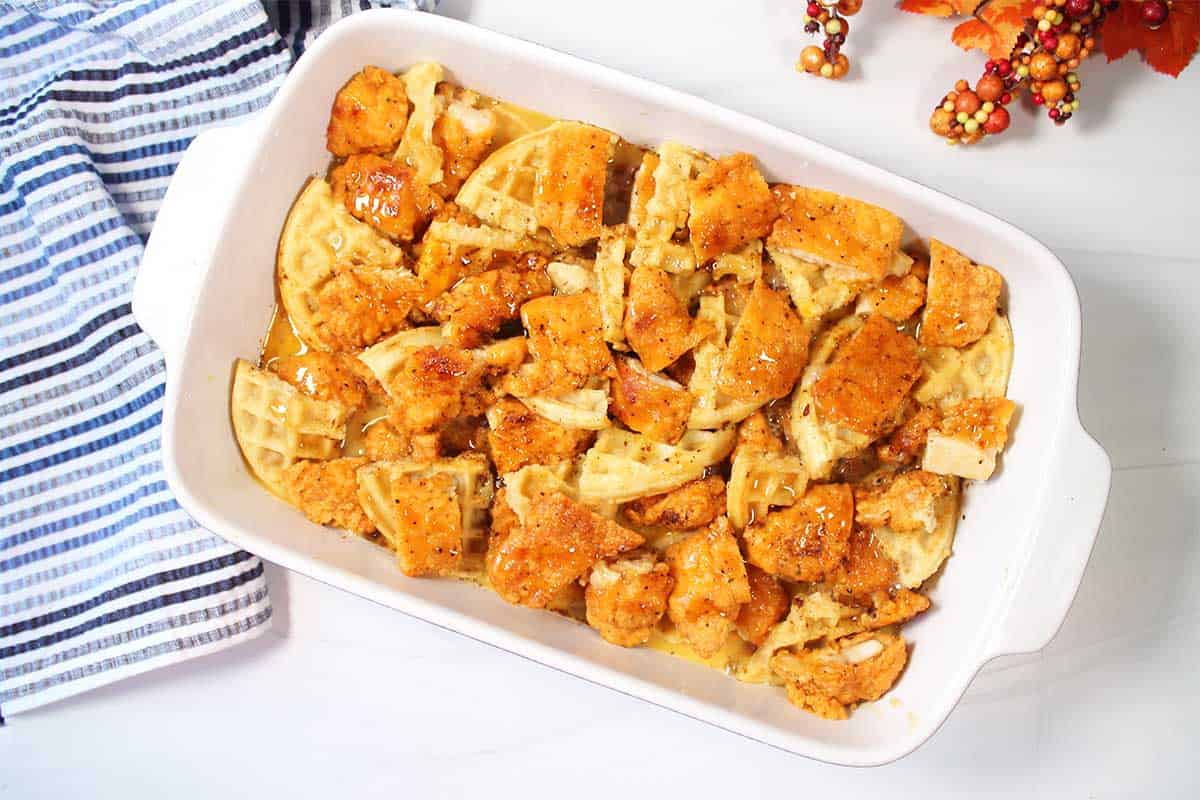 Ready to bake chicken and waffles casserole.