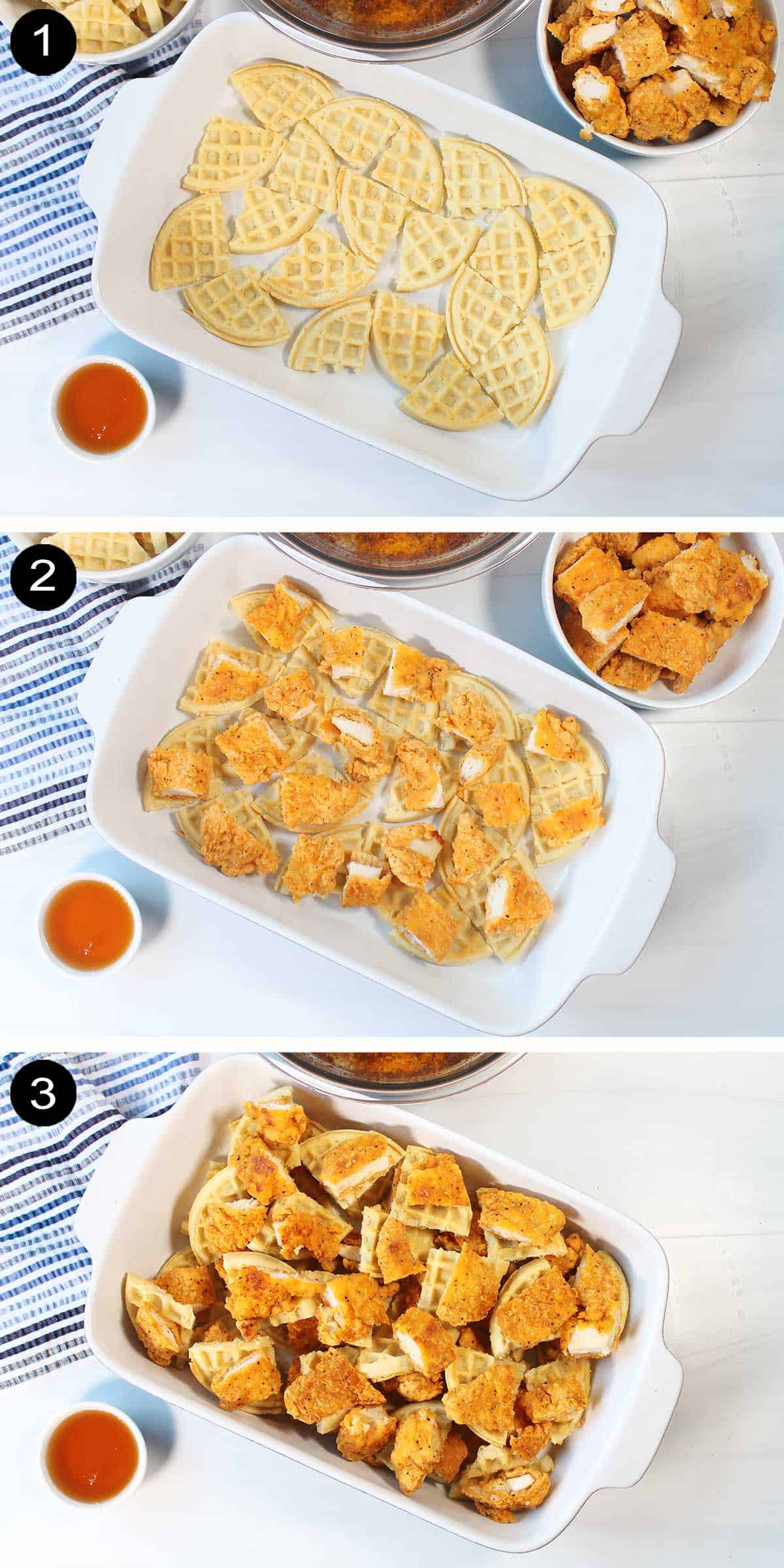 Steps to layer chicken and waffles casserole.